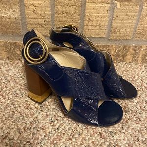 Chloe Navy Distressed Patent Leather Sandals